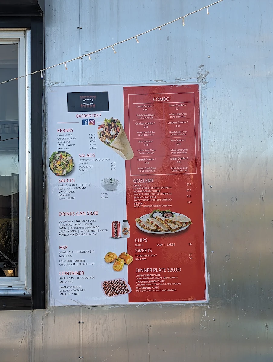Menu, Monster Kebab Endeavour Hills