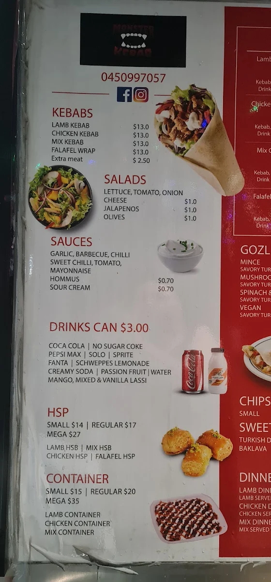Menu, Monster Kebab Endeavour Hills