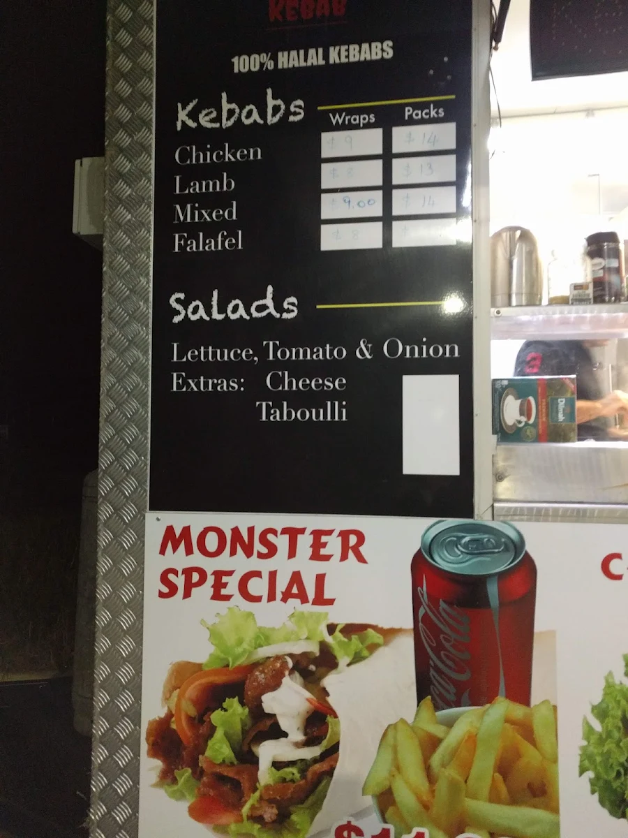 Menu, Monster Kebab Endeavour Hills