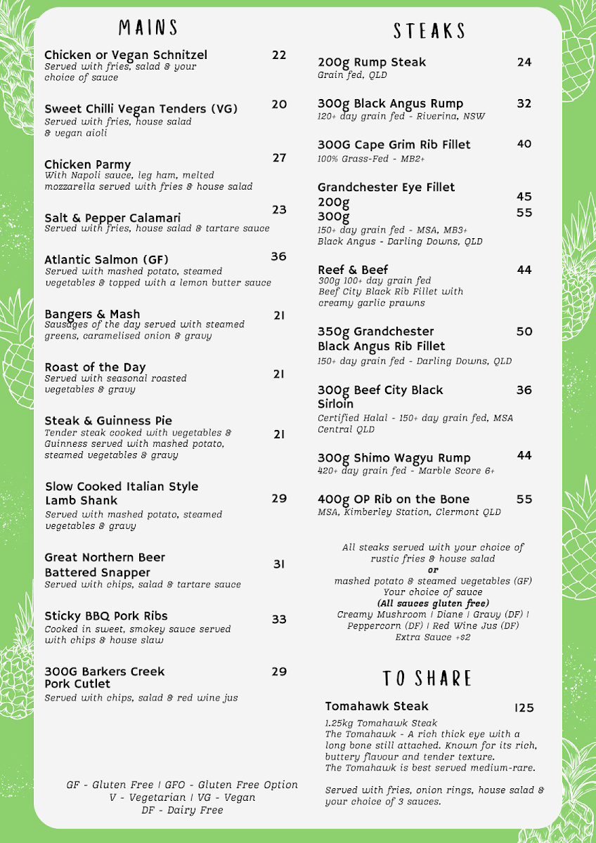 Menu, Pineapple Hotel