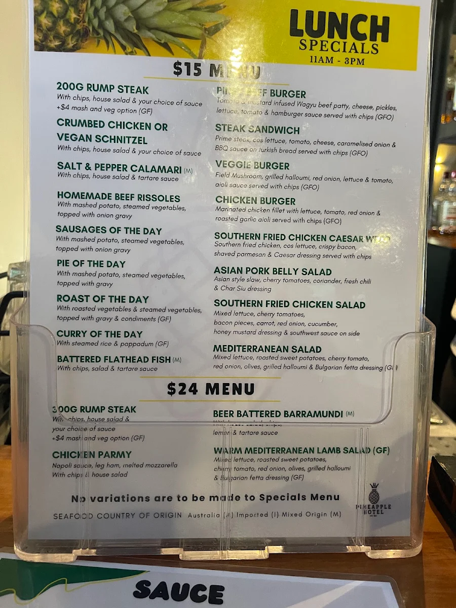 Menu, Pineapple Hotel