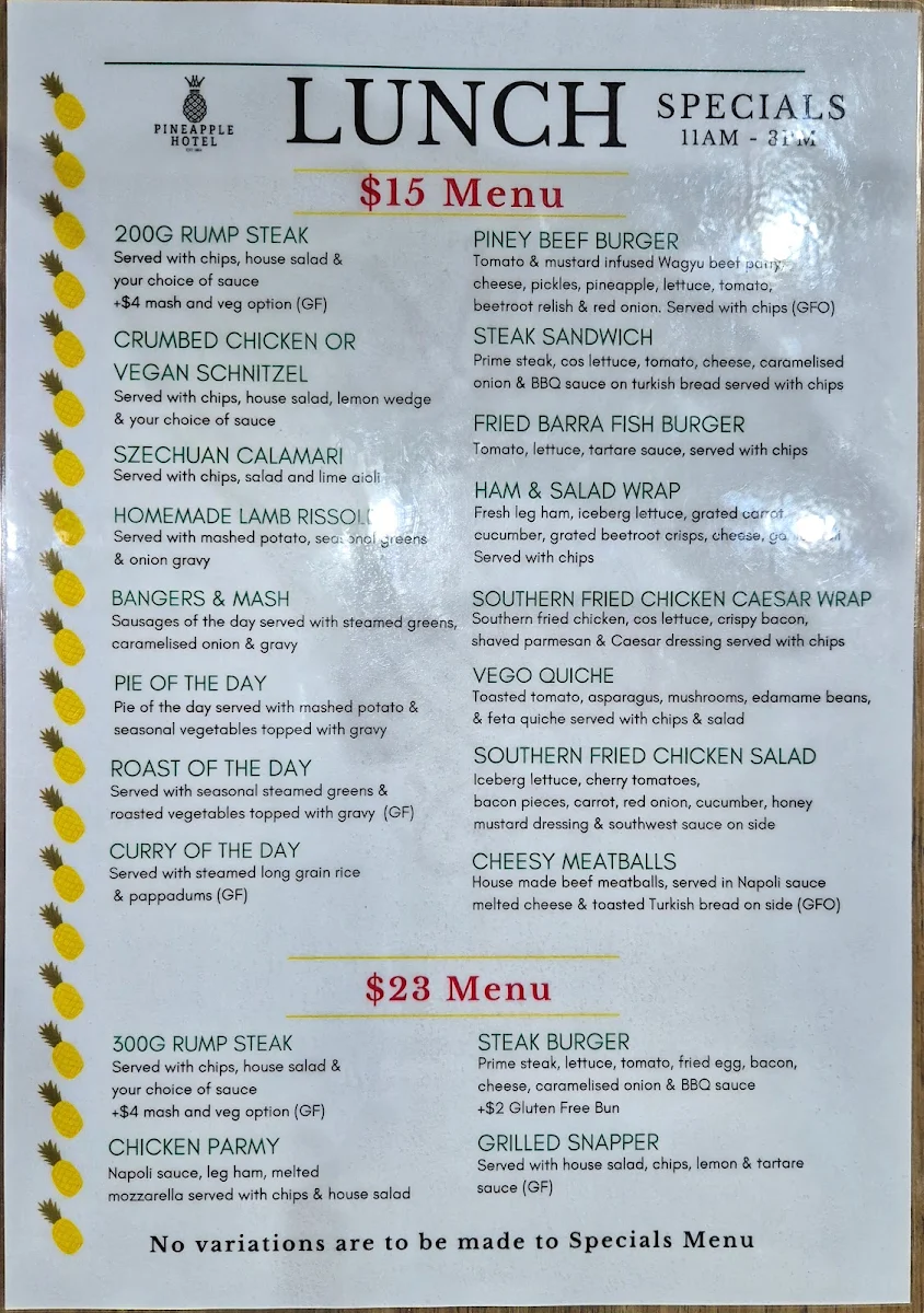 Menu, Pineapple Hotel