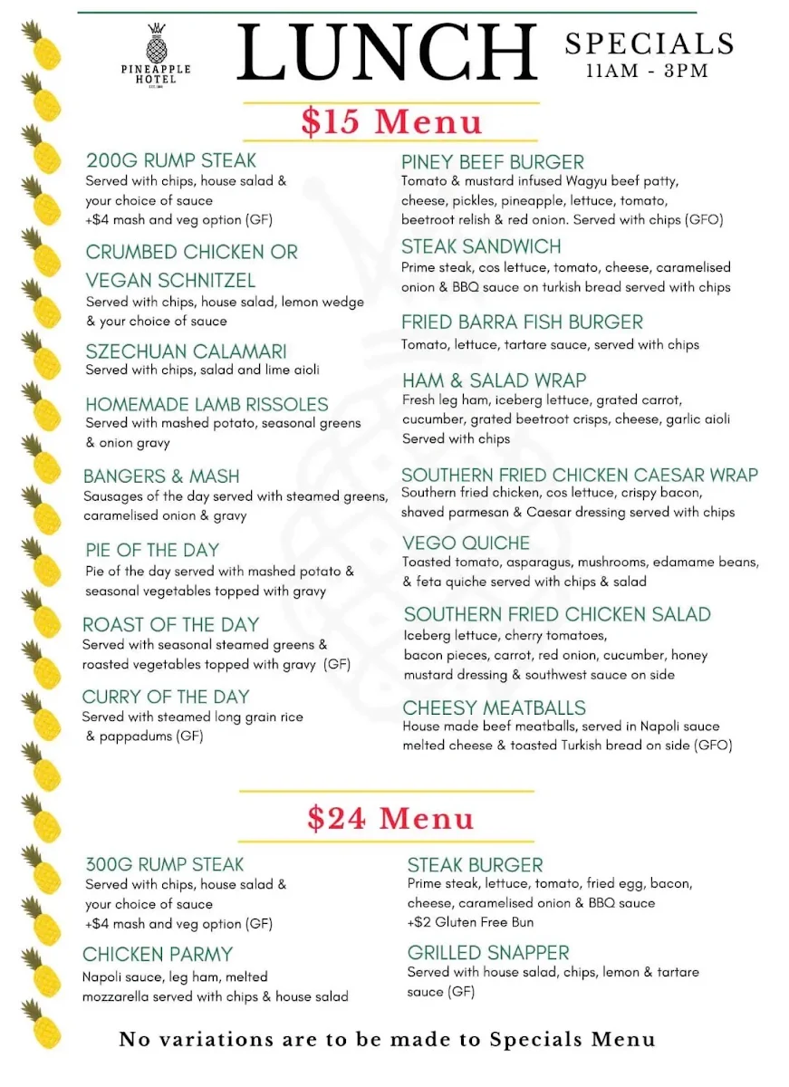 Menu, Pineapple Hotel