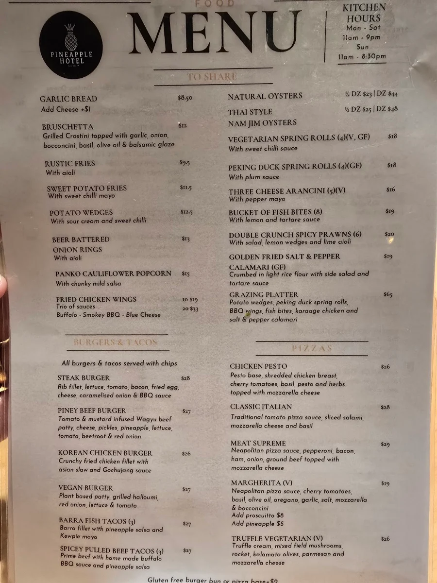 Menu, Pineapple Hotel