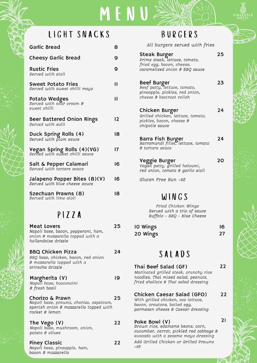 Menu, Pineapple Hotel
