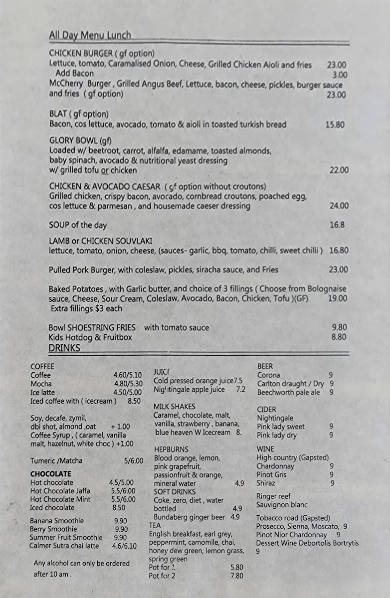 Menu, Cherry Walk Cafe