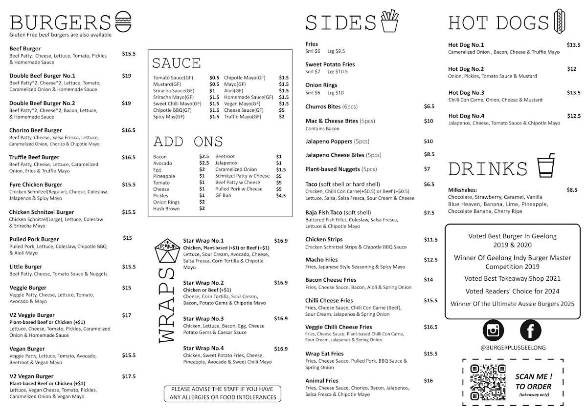 Menu, Burger Plus Geelong
