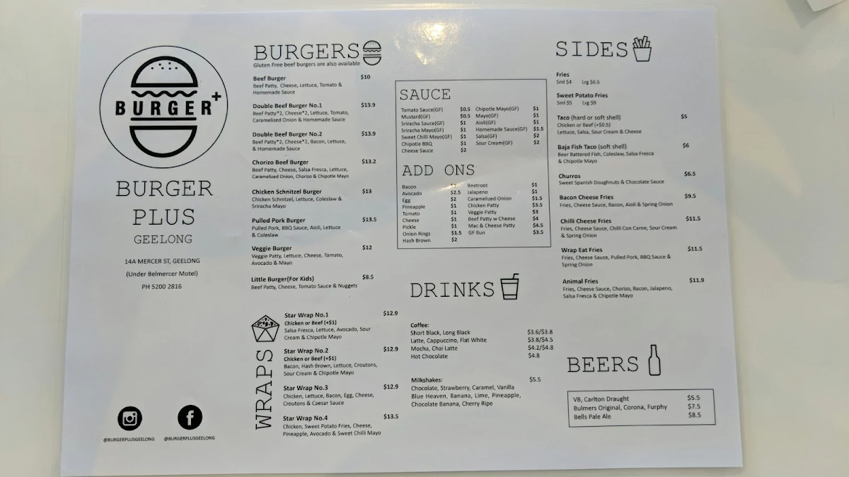 Menu, Burger Plus Geelong