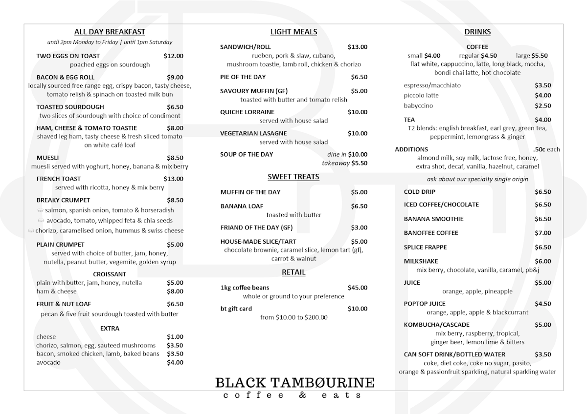 Menu, Black Tambourine