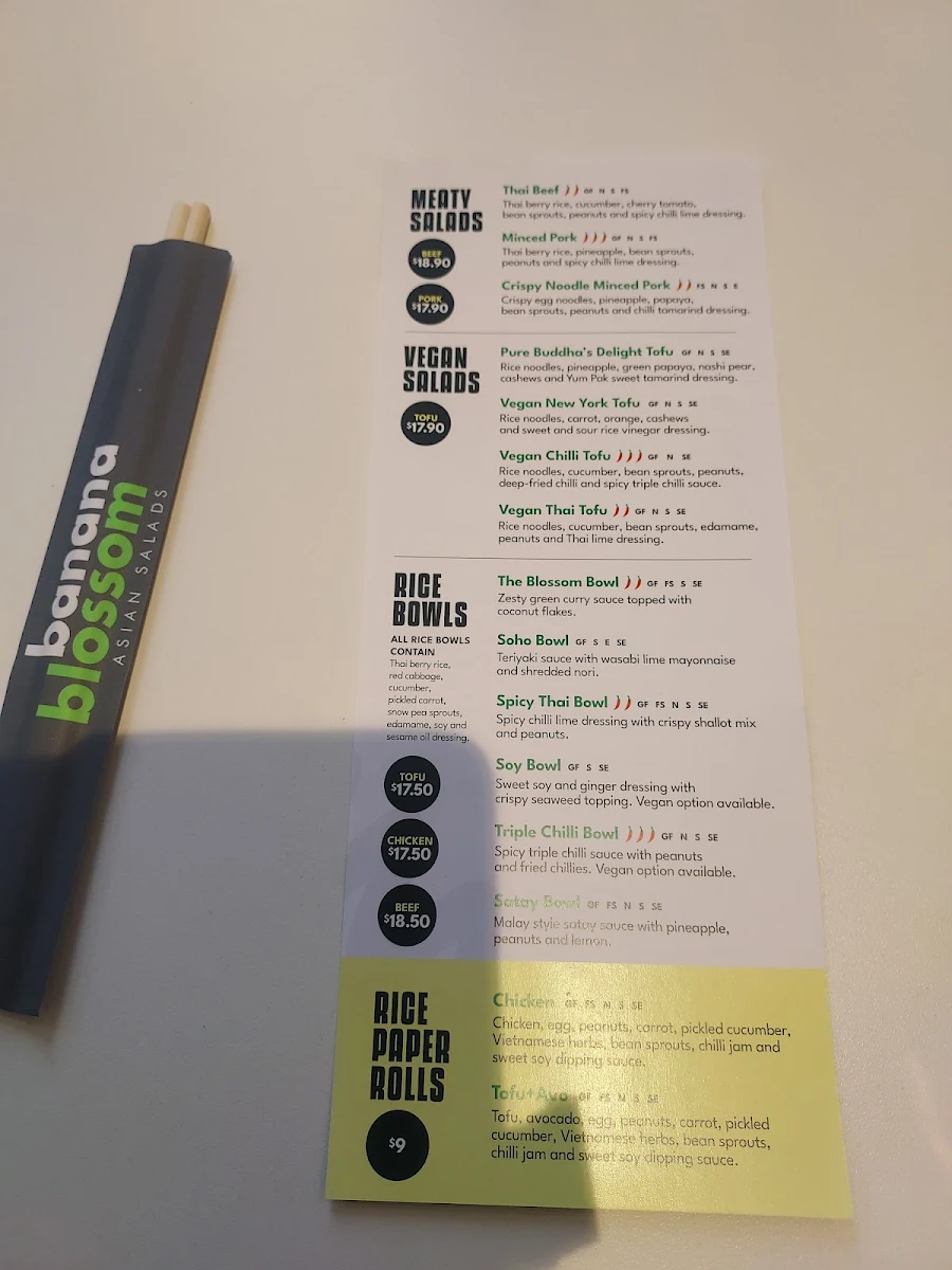 Menu, Banana Blossom Newcastle