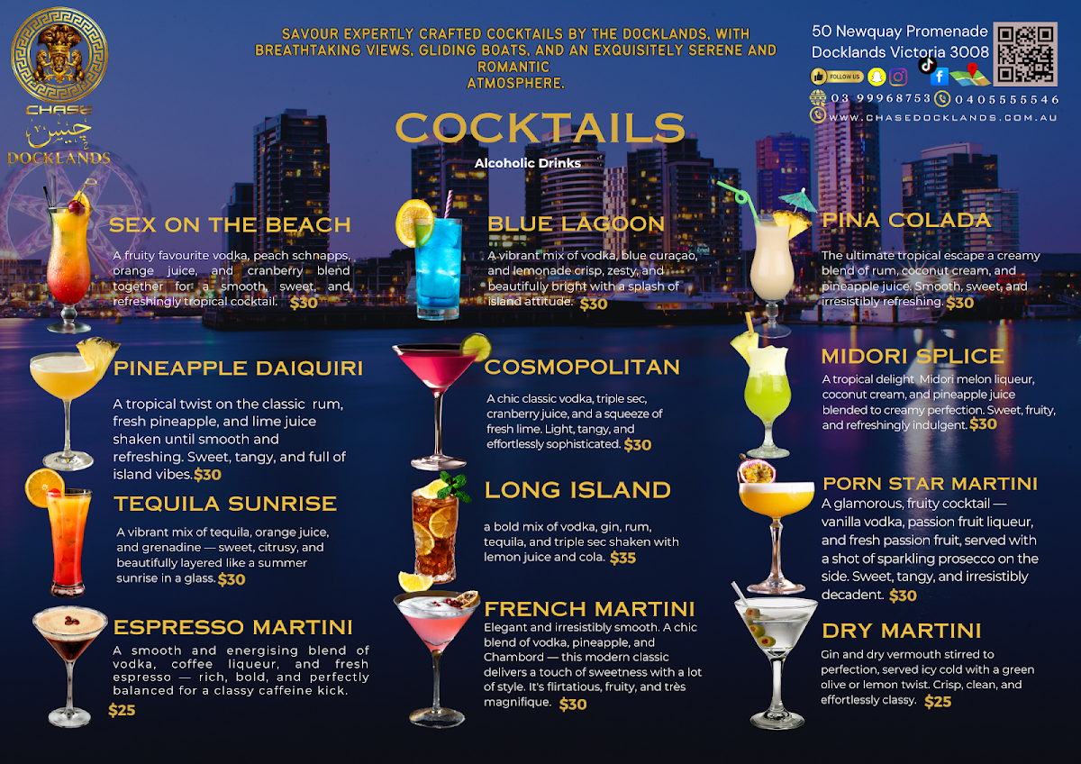 Menu, CHASE DOCKLANDS
