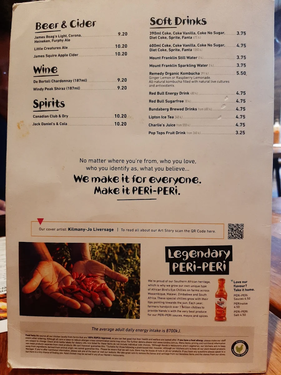Menu, Nando's Werribee Pacific