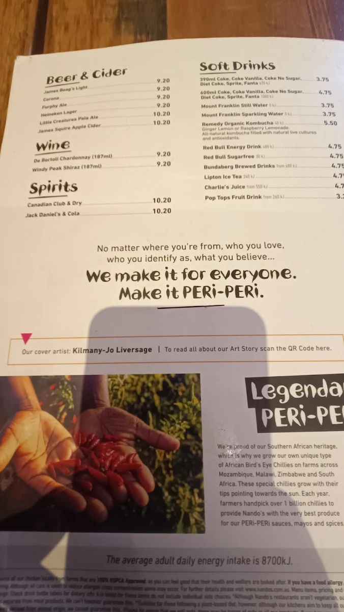 Menu, Nando's Werribee Pacific