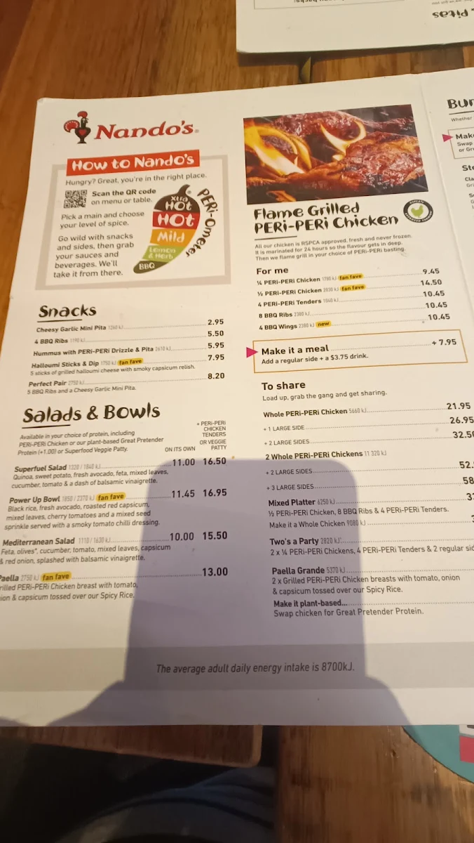 Menu, Nando's Werribee Pacific