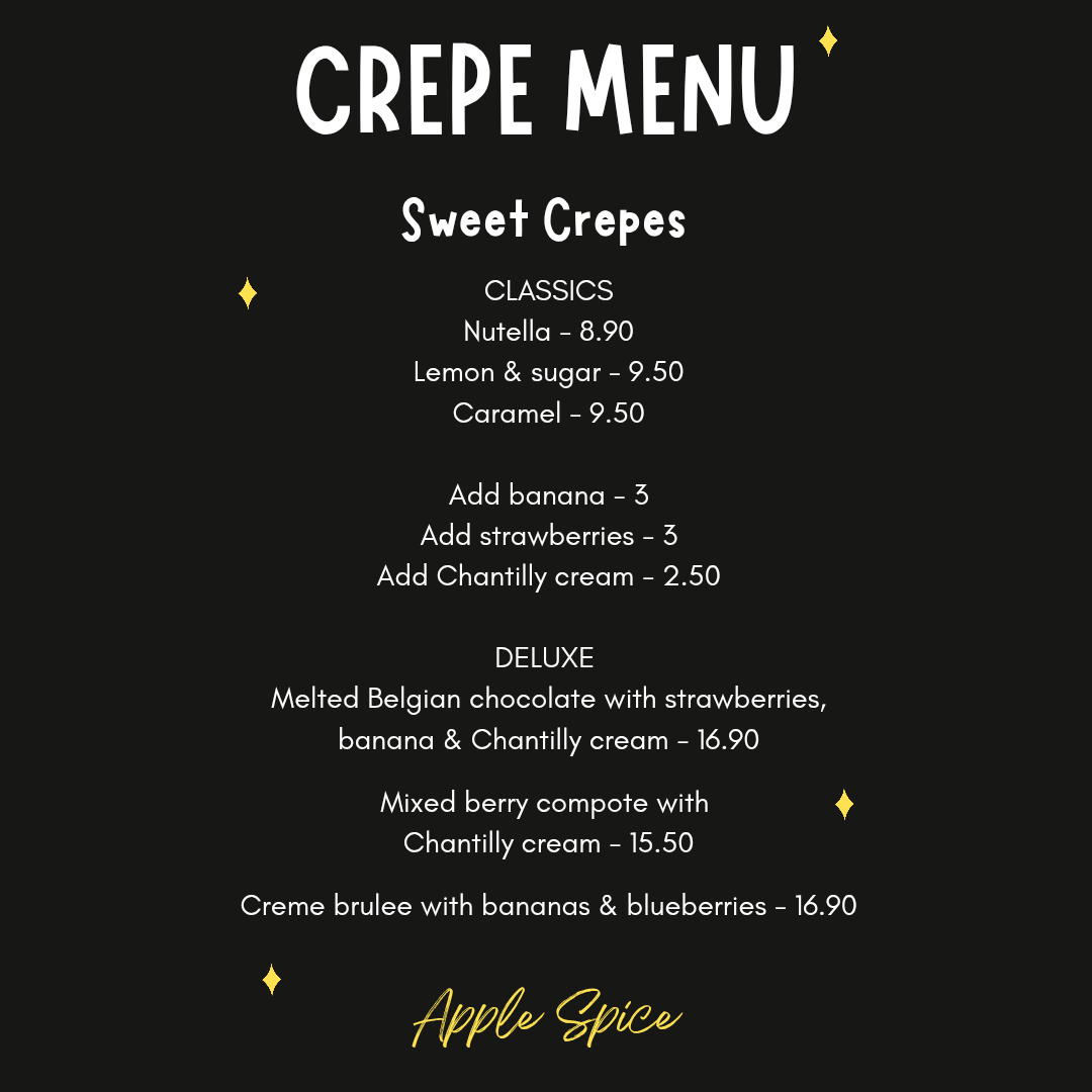 Menu, Apple Spice - Creperie, High Tea, Catering