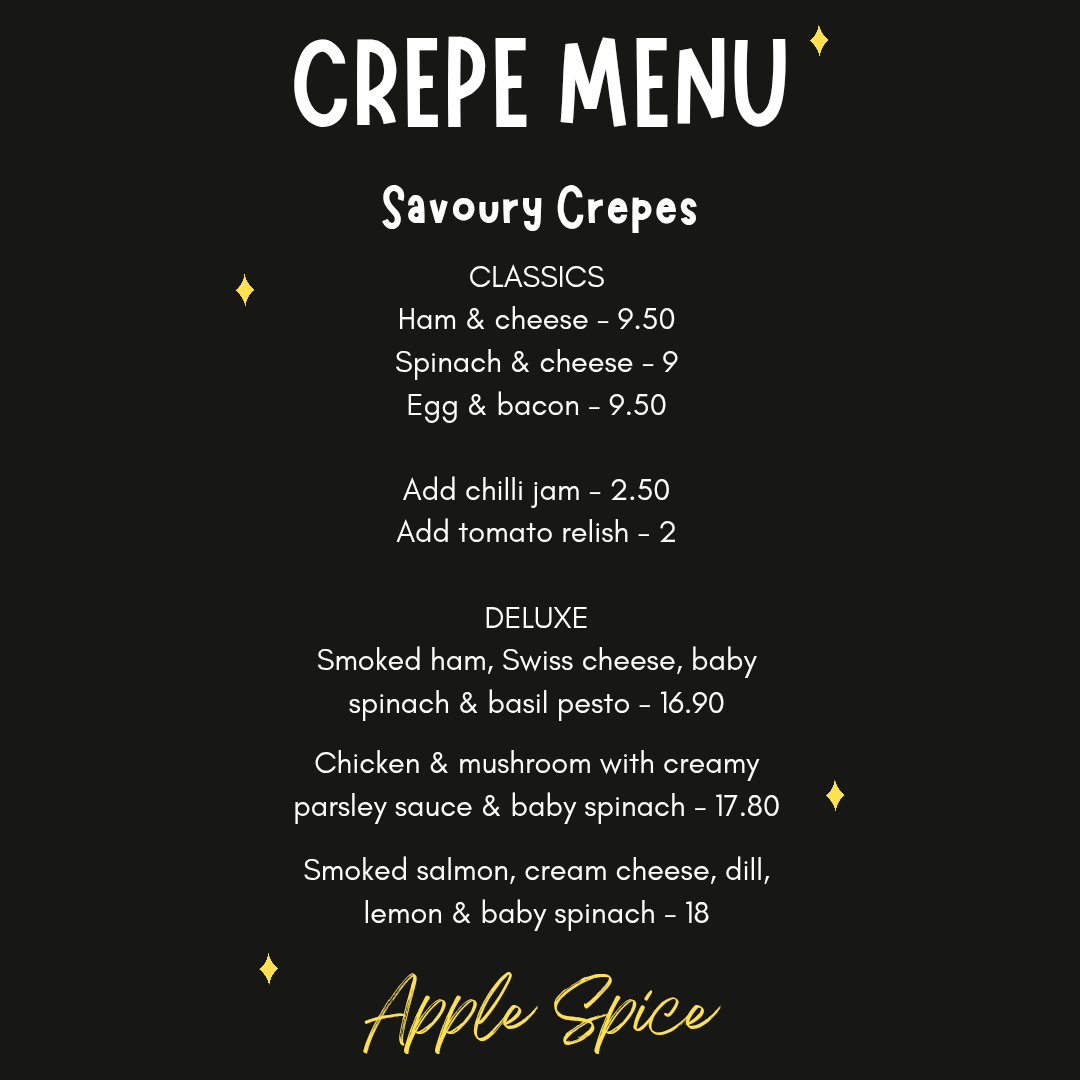 Menu, Apple Spice - Creperie, High Tea, Catering