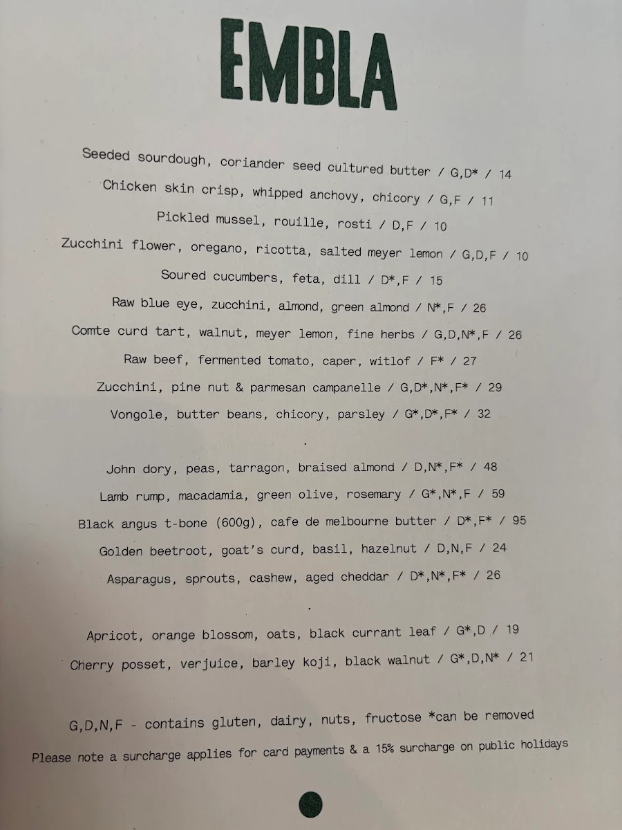 Menu, Embla