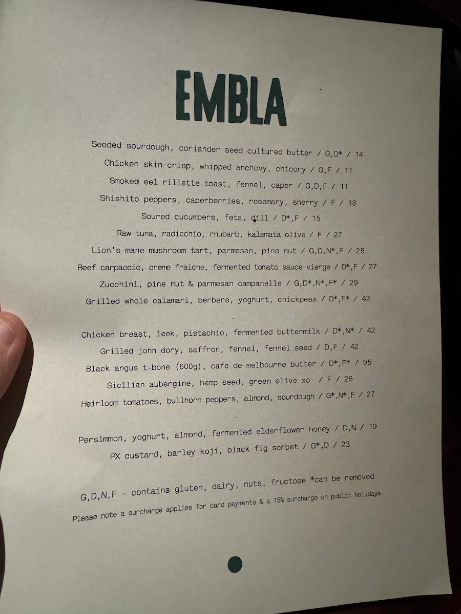 Menu, Embla