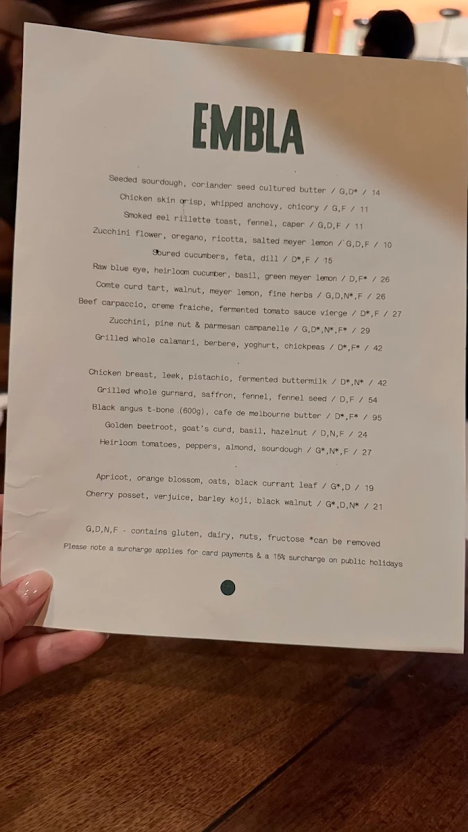 Menu, Embla
