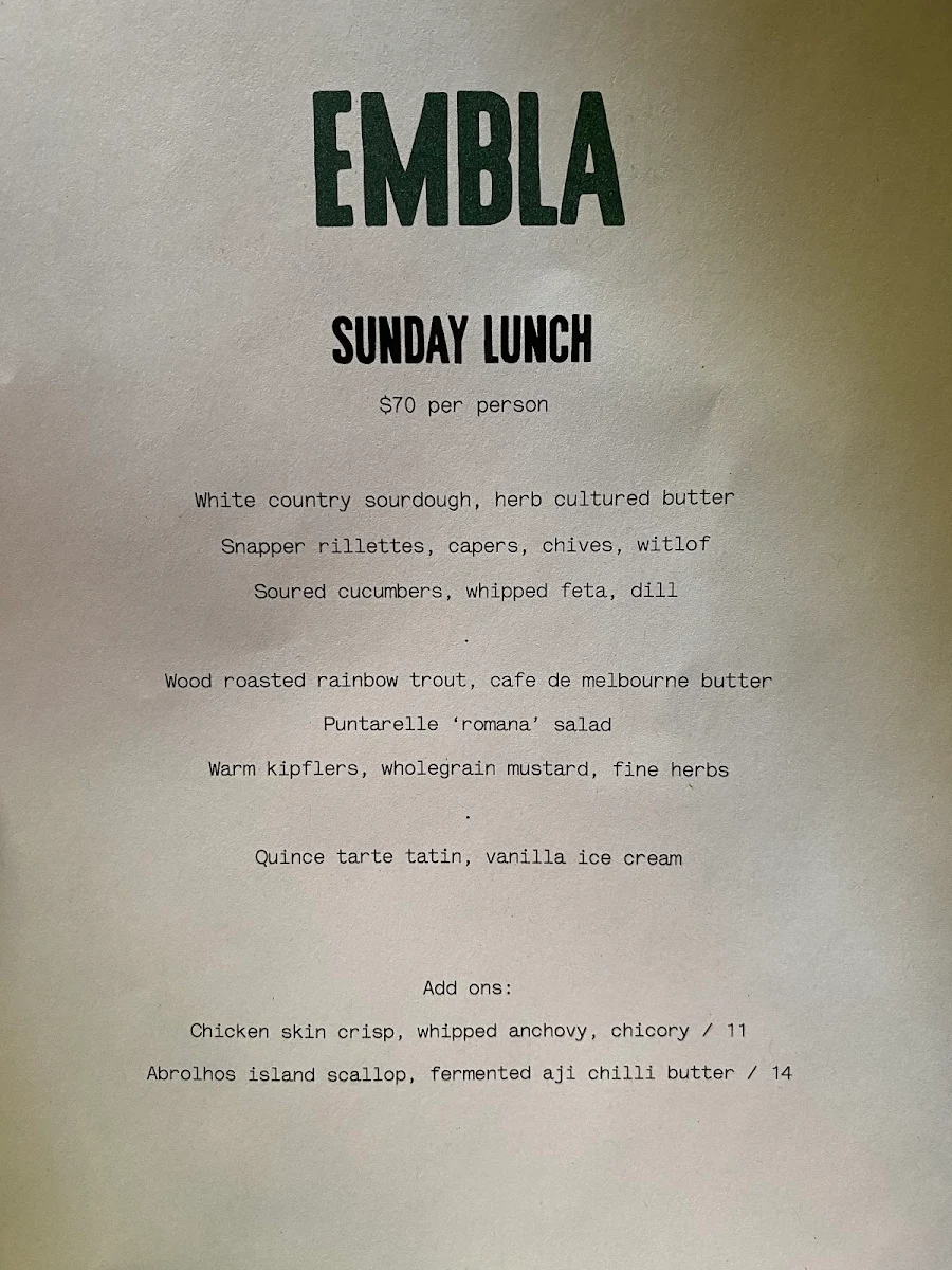 Menu, Embla