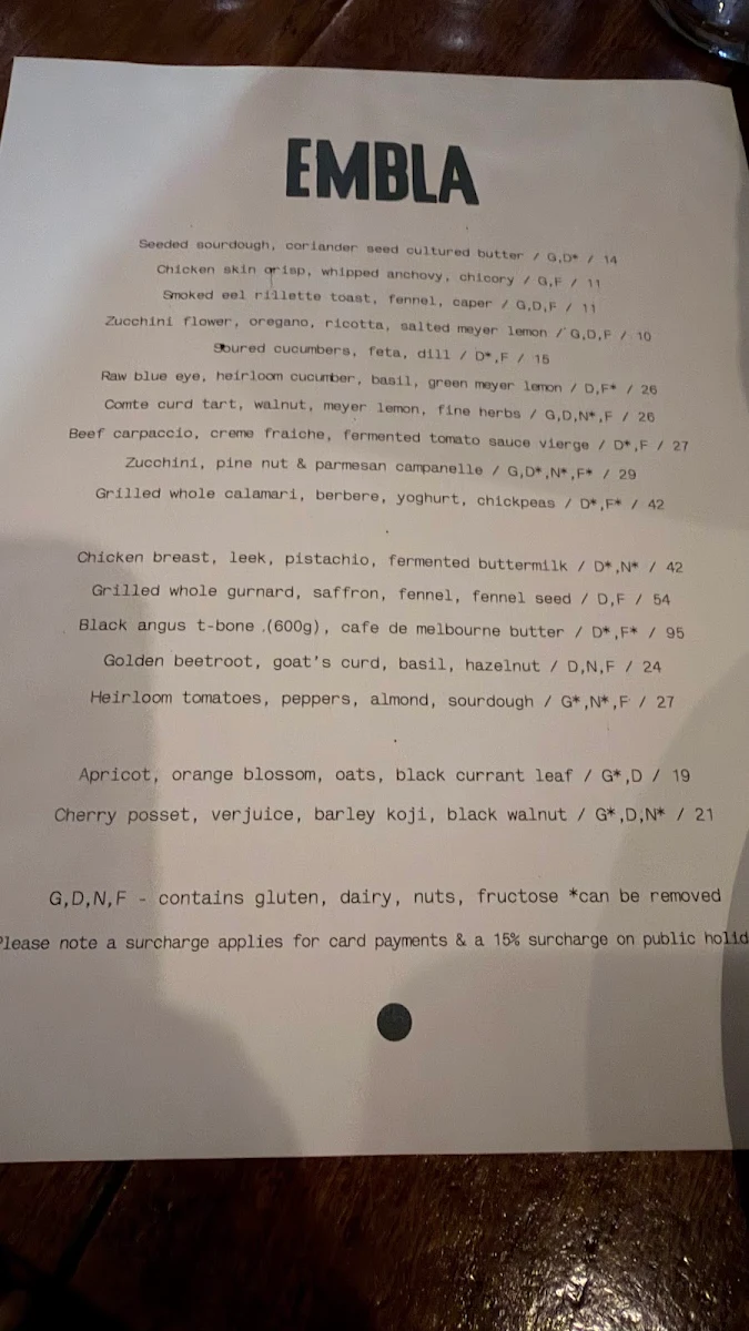Menu, Embla