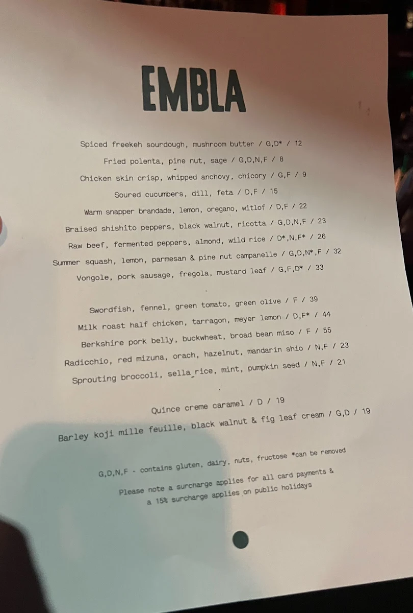 Menu, Embla