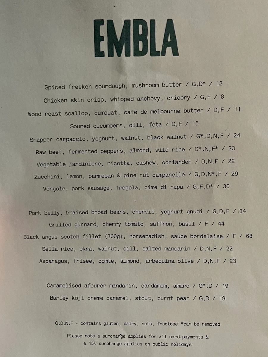 Menu, Embla