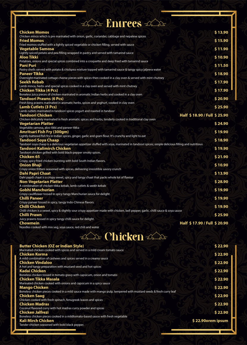 Menu, The Spice Indian Restuarant
