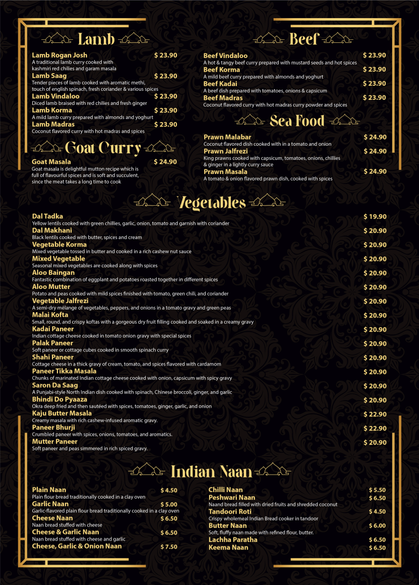 Menu, The Spice Indian Restuarant