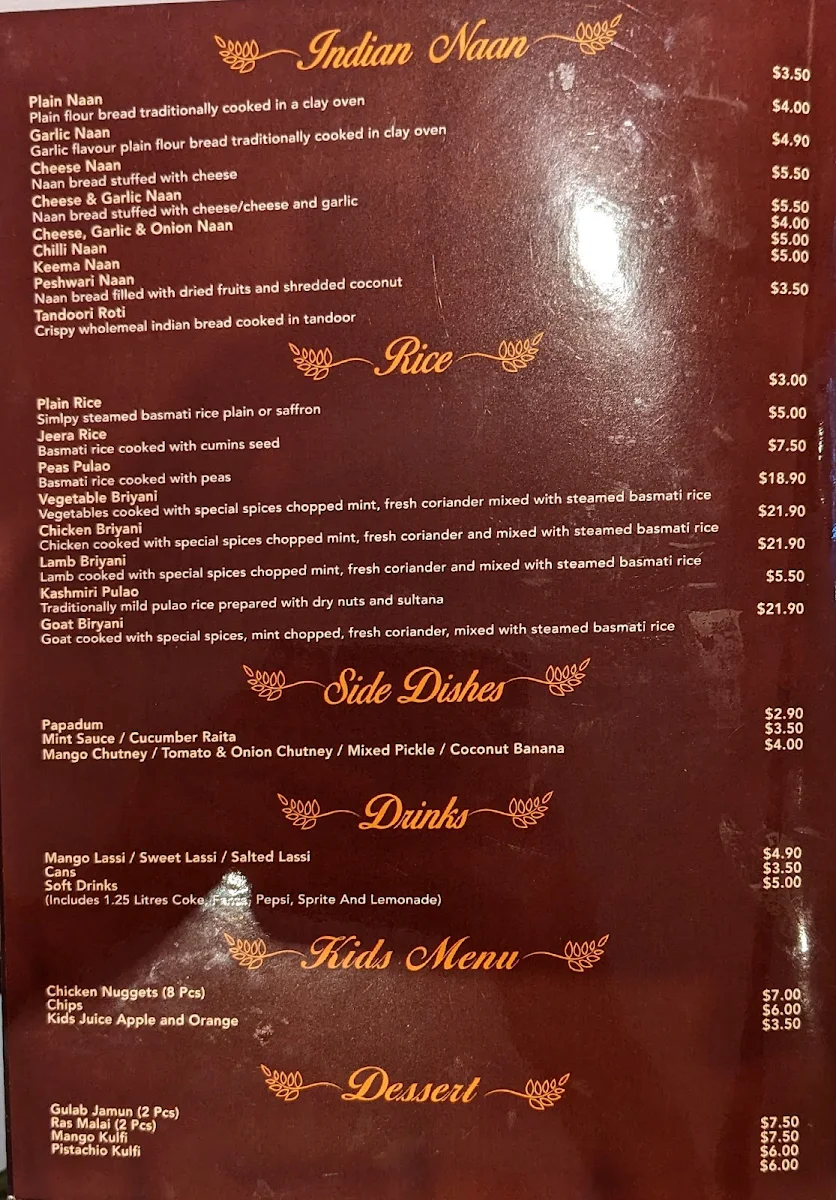 Menu, The Spice Indian Restuarant