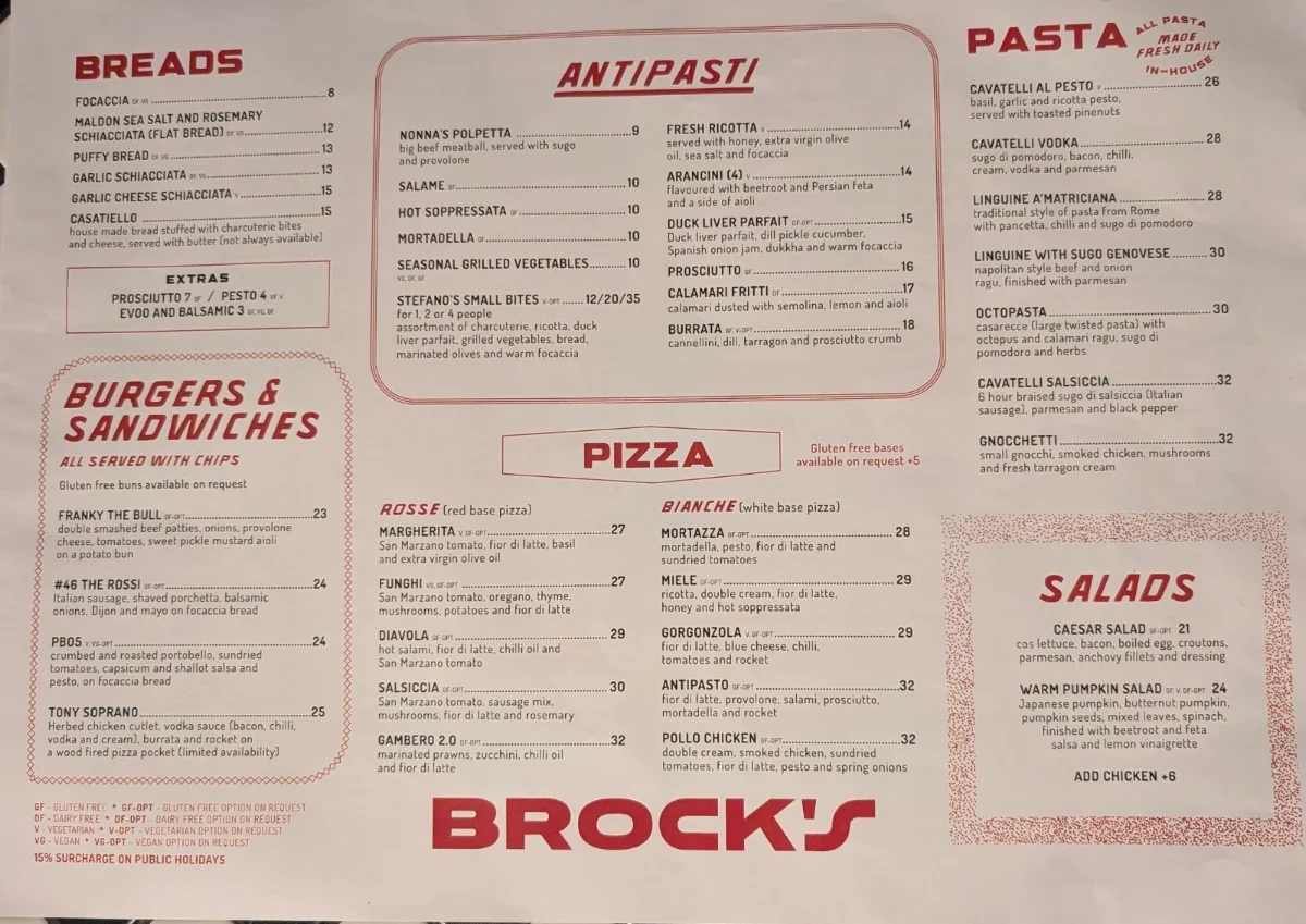 Menu, Brock's