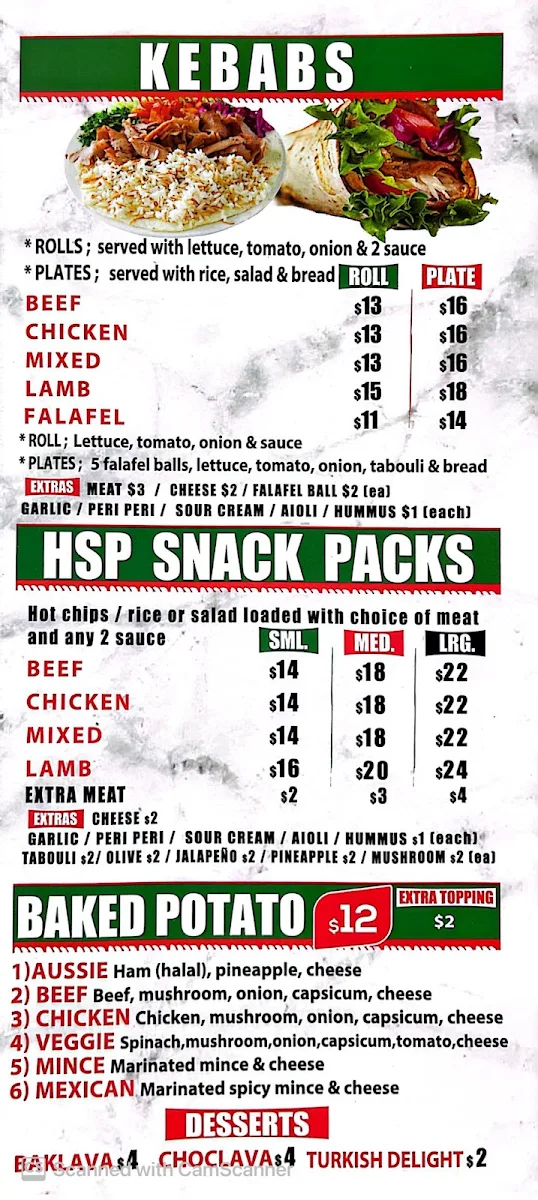 Menu, Avanti Pizza & Kebab
