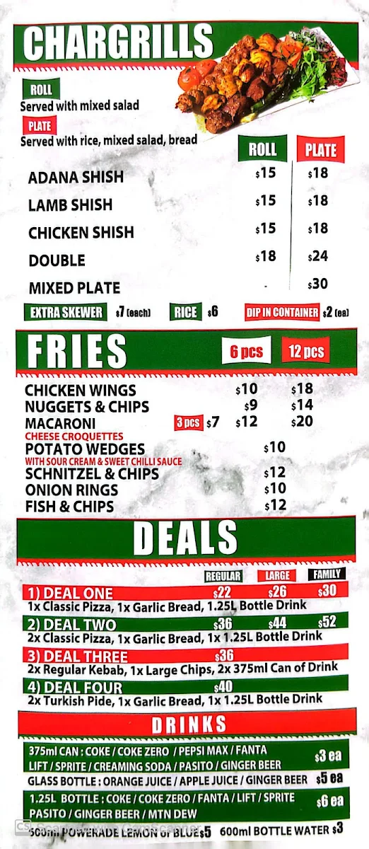 Menu, Avanti Pizza & Kebab