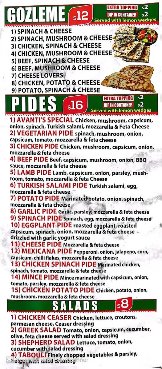 Menu, Avanti Pizza & Kebab