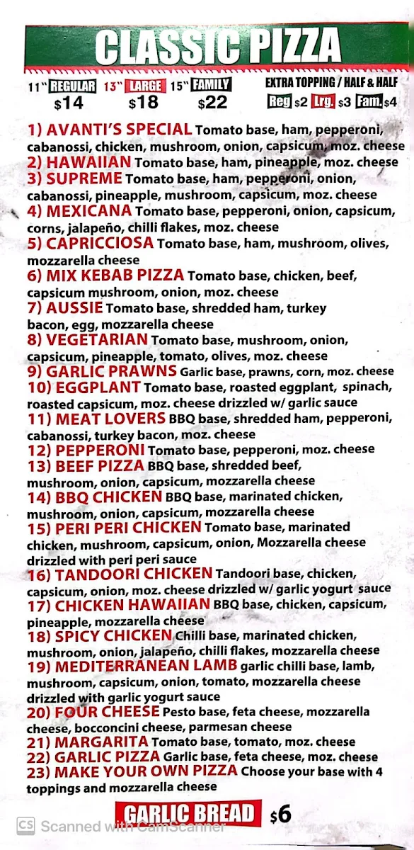 Menu, Avanti Pizza & Kebab