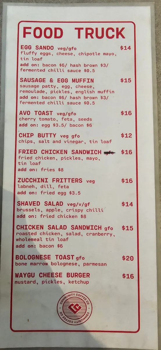Menu, Community Coffee