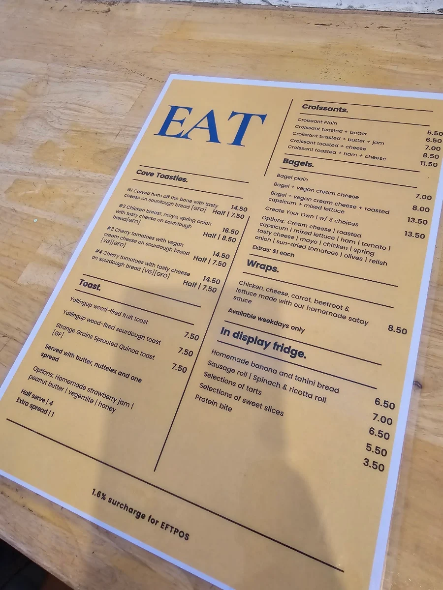 Menu, Coffee Cove Mandurah
