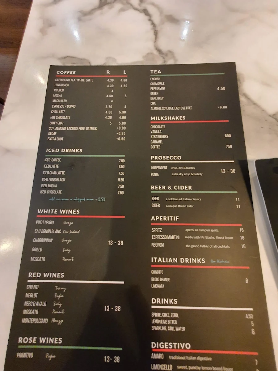 Menu, ZUCCHERO CAFFE BAR