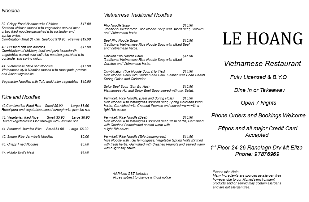 Menu, Le Hoang Mount Eliza
