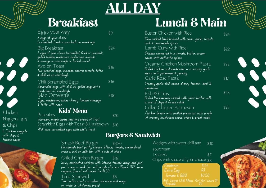 Menu, Maz Cafe