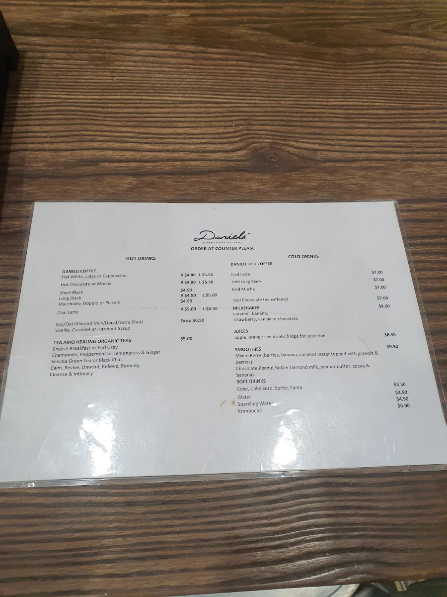 Menu, Danieli Cafe