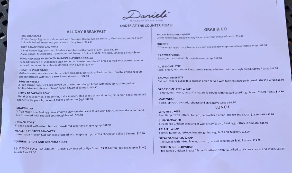 Menu, Danieli Cafe