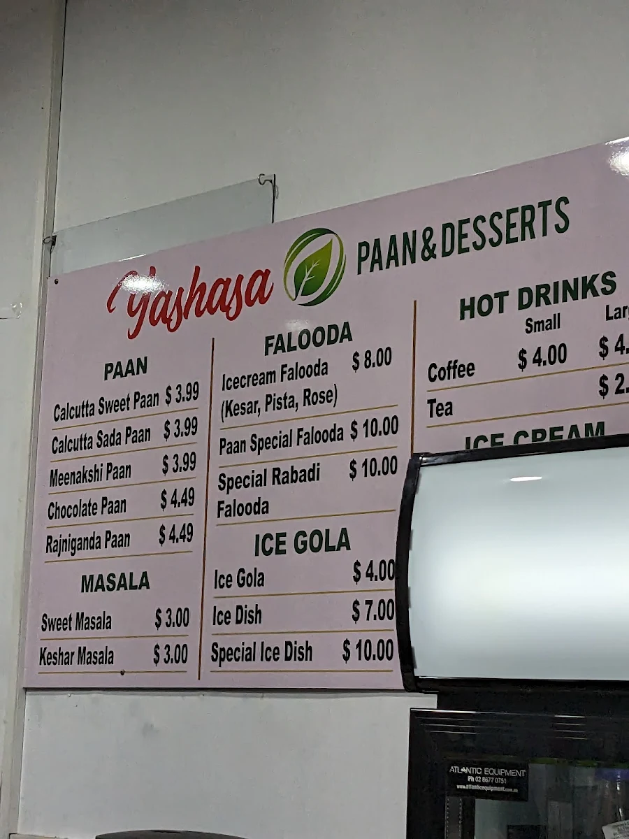 Menu, Yashasa Paan & Desserts Wentworthville