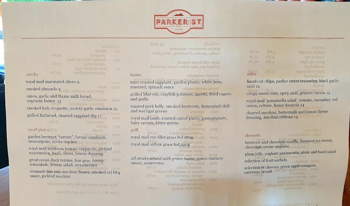 Menu, Parker St Project
