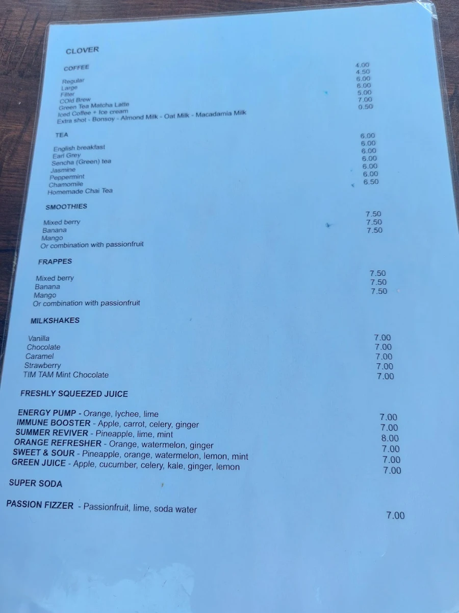 Menu, Clover Cafe Annandale