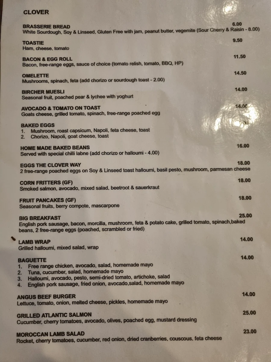 Menu, Clover Cafe Annandale