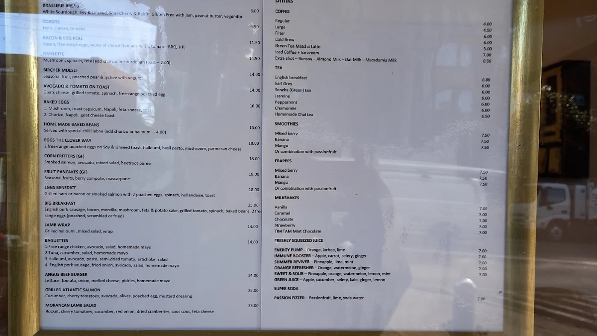 Menu, Clover Cafe Annandale