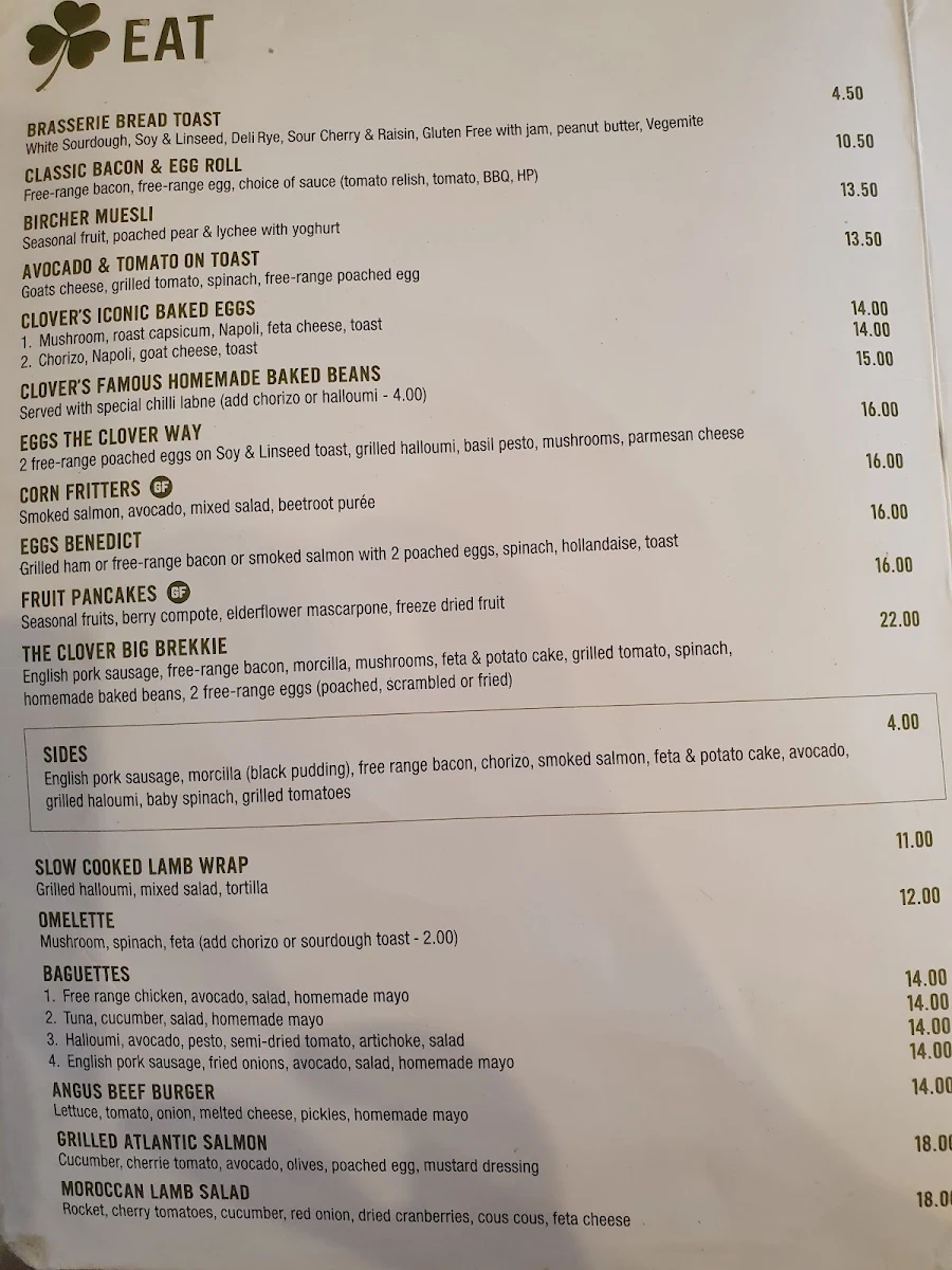 Menu, Clover Cafe Annandale