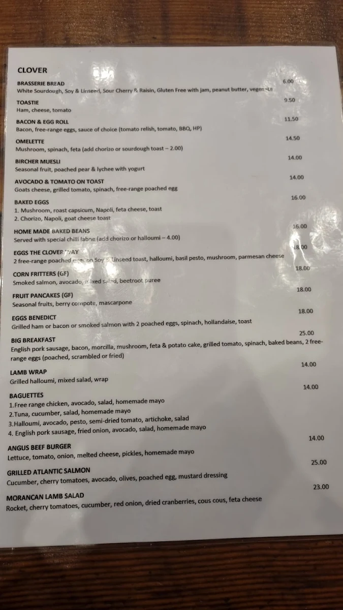 Menu, Clover Cafe Annandale