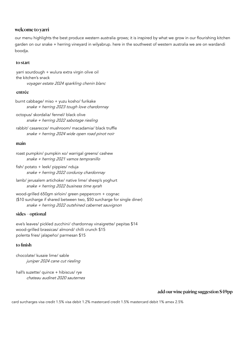 Menu, Yarri Restaurant + Bar